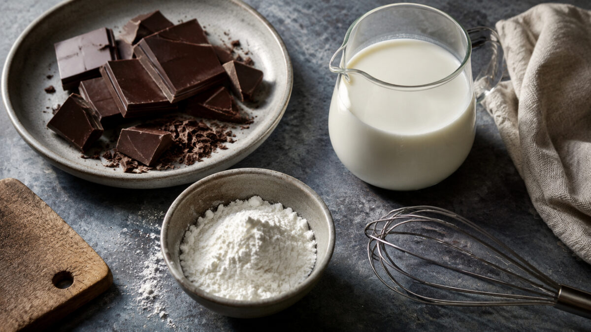 Zutaten- und Vorbereitungsansicht. Rezept: Schokoladenpudding mit laktosefreier Milch