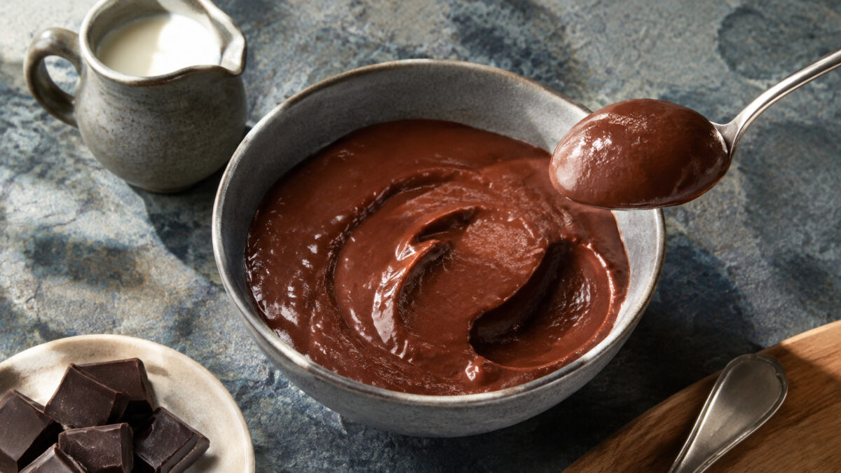 Servierszene mit dem fertigen Gericht. Rezept: Schokoladenpudding mit laktosefreier Milch