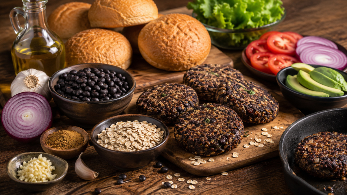 Zutaten- und Vorbereitungsansicht mit schwarzen Bohnen, Haferflocken, Zwiebel, Knoblauch, Avocado, Burgerbrötchen, Tomate und Salat.