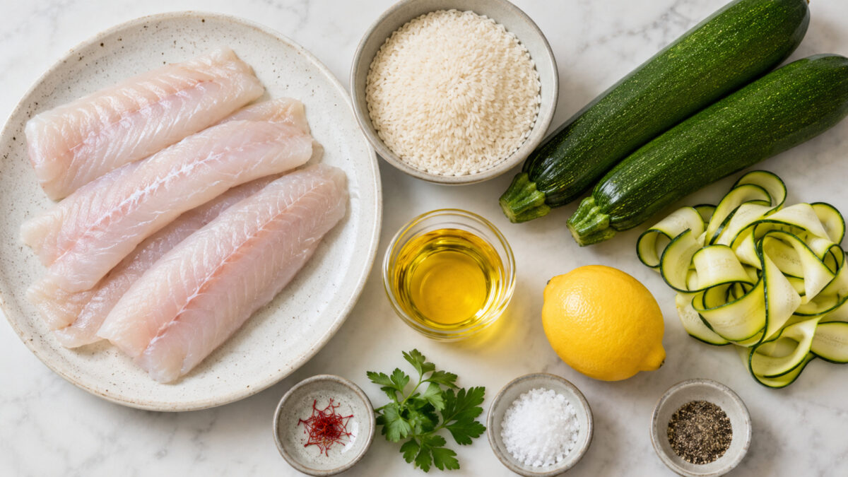 Übersicht aller Zutaten für „Seelachs auf Safranreis mit Zucchinibändern“ auf heller Arbeitsfläche, sauber gruppiert, ohne Verpackungsschrift und ohne fertiges Gericht.