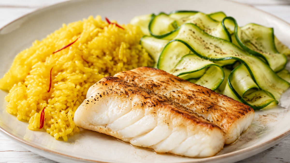 Alternative Perspektive des fertigen Gerichts: Seelachsfilet, Reis und Zucchini als komponierter Teller; die Komponenten dürfen sich leicht berühren, müssen aber einzeln deutlich erkennbar bleiben. Keine Bowl und keine homogene One-Pot-Mischung. Etwas nä…