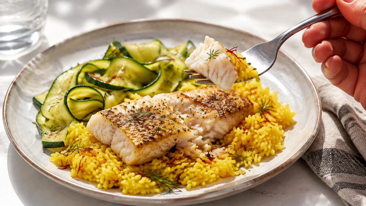 Lebendige Servierszene für „Seelachs auf Safranreis mit Zucchinibändern“: eine Gabel oder ein Besteckteil nimmt gerade eine Portion auf; Seelachsfilet, Reis und Zucchini bleiben trotzdem klar erkennbar.