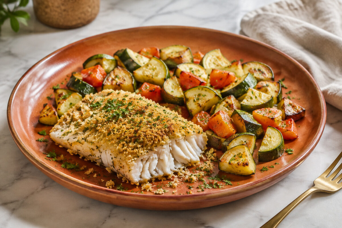 Hauptansicht des fertigen Gerichts. Rezept: Seelachs mit Kräuterkruste und Ofengemüse