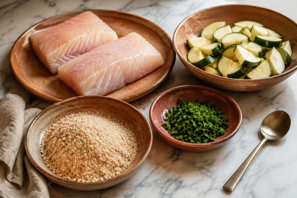 Zutaten- und Vorbereitungsansicht. Rezept: Seelachs mit Kräuterkruste und Ofengemüse