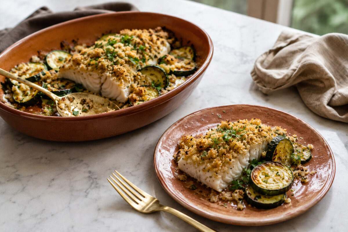Servierszene mit dem fertigen Gericht. Rezept: Seelachs mit Kräuterkruste und Ofengemüse