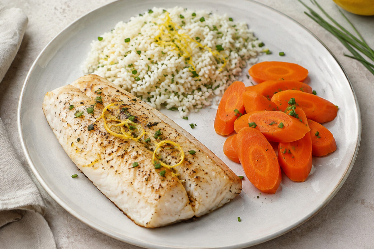 Hauptansicht des fertigen Gerichts: Seelachsfilet als klarer Hauptbestandteil; Reis und Möhren getrennt und mit sichtbaren Zwischenräumen daneben angerichtet. Kein Eintopf, keine Bowl, keine vermischte One-Pot-Darstellung. Das gesamte Gericht zentral und…