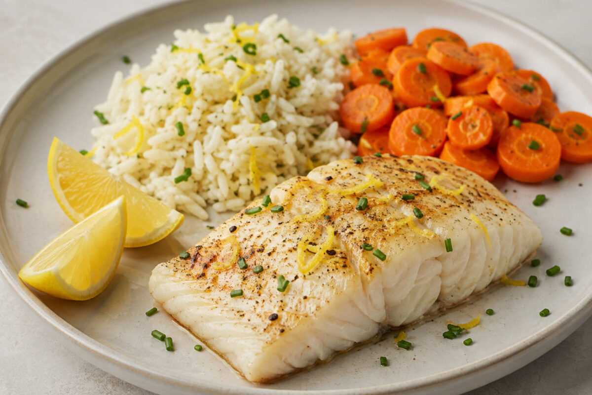 Alternative Perspektive des fertigen Gerichts: Seelachsfilet als klarer Hauptbestandteil; Reis und Möhren getrennt und mit sichtbaren Zwischenräumen daneben angerichtet. Kein Eintopf, keine Bowl, keine vermischte One-Pot-Darstellung. Etwas näher aufgenom…