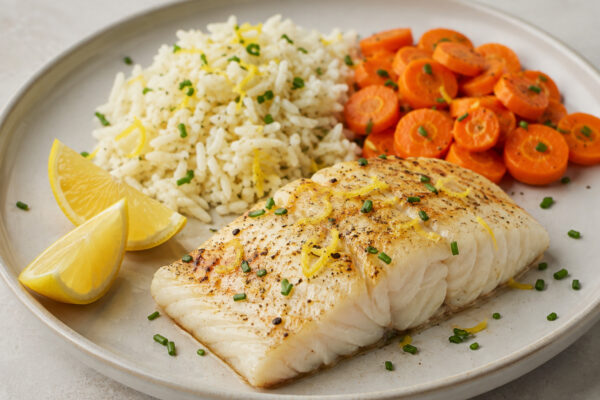 Alternative Perspektive des fertigen Gerichts: Seelachsfilet als klarer Hauptbestandteil; Reis und Möhren getrennt und mit sichtbaren Zwischenräumen daneben angerichtet. Kein Eintopf, keine Bowl, keine vermischte One-Pot-Darstellung. Etwas näher aufgenom…