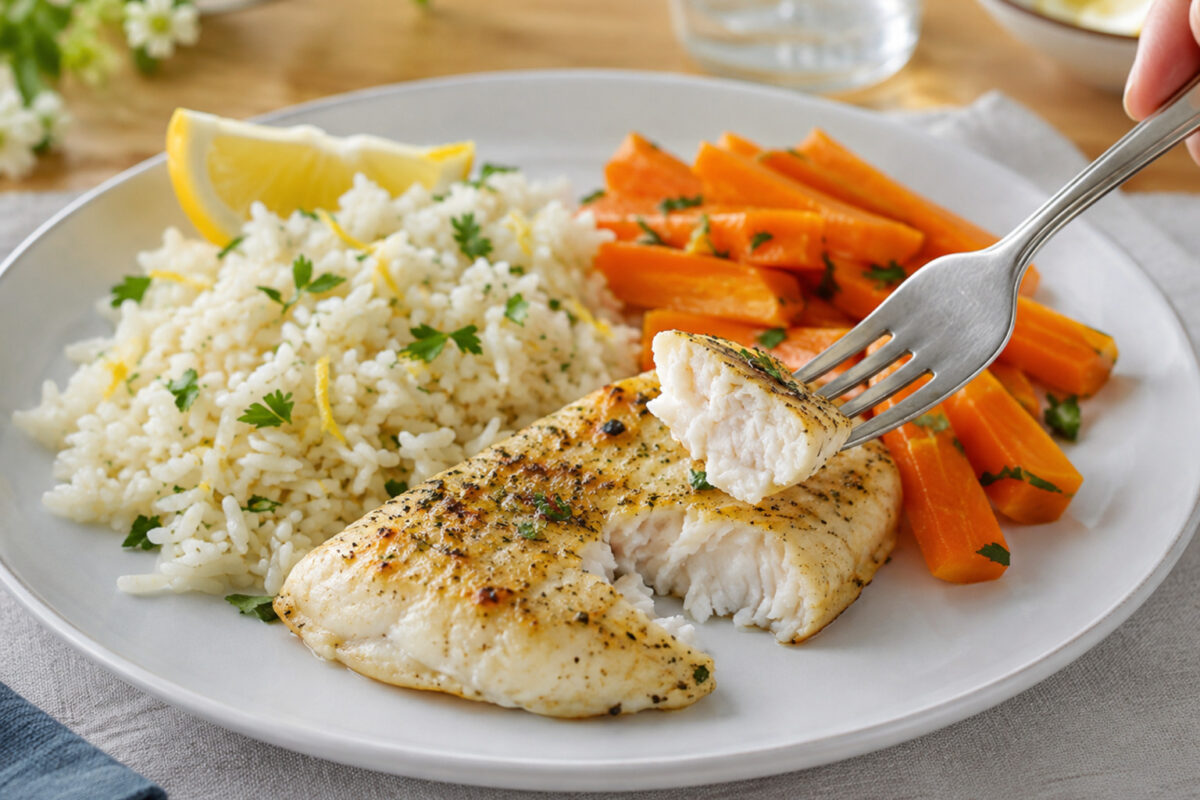 Lebendige Servierszene für „Seelachs mit Zitronenreis und Möhren“: eine Gabel oder ein Besteckteil nimmt gerade eine Portion auf; Seelachsfilet, Reis und Möhren bleiben trotzdem klar erkennbar.