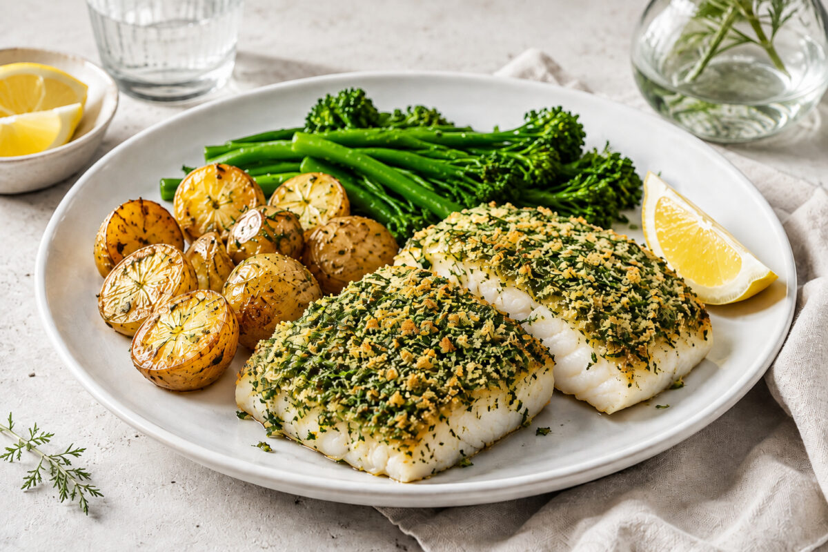 Fertiges Seelachsfilet mit grüner Kräuterkruste, goldenen Ofenkartoffeln, grünem Gemüse und Zitronenspalte auf weißem Teller.