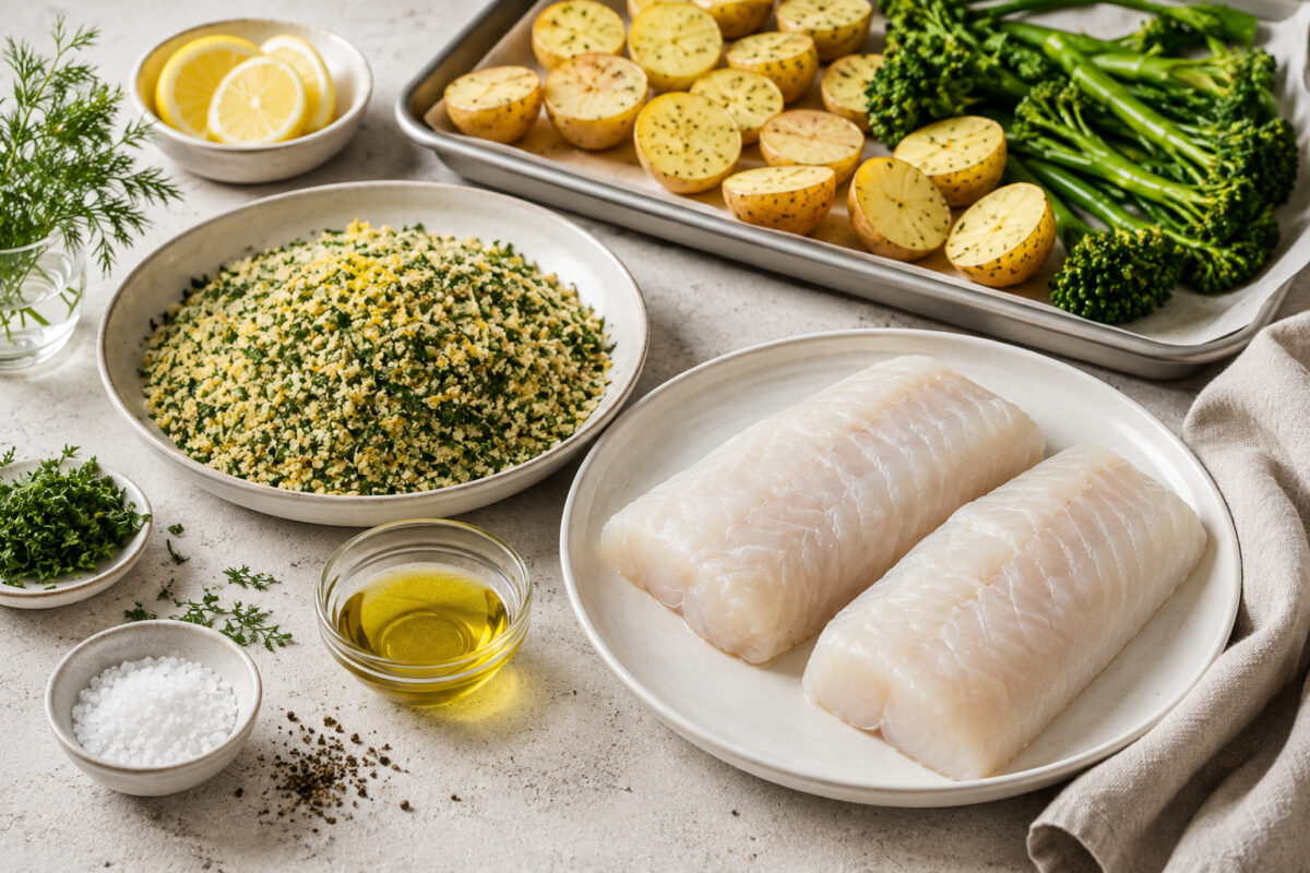 Zutaten- und Vorbereitungsansicht mit rohen Seelachsfilets, Kräuter-Semmelbrösel-Mischung, halbierten Kartoffeln, grünem Gemüse, Zitrone und Olivenöl.