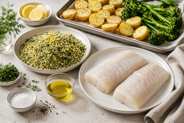 Zutaten- und Vorbereitungsansicht mit rohen Seelachsfilets, Kräuter-Semmelbrösel-Mischung, halbierten Kartoffeln, grünem Gemüse, Zitrone und Olivenöl.