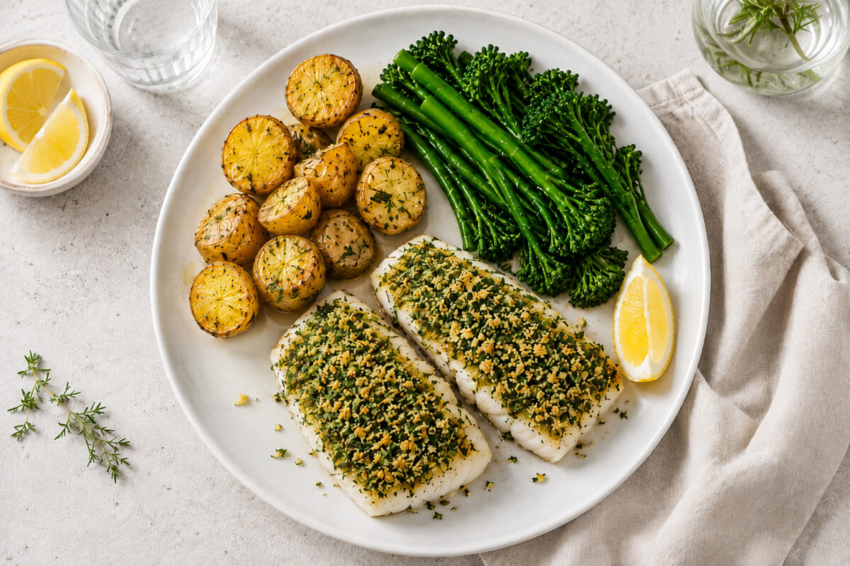 Fertiges Gericht aus deutlich anderer, nahezu senkrechter Perspektive mit Kräuterfisch, Ofenkartoffeln, grünem Gemüse und Zitrone.
