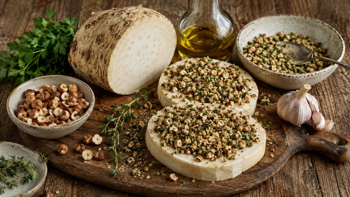 Zutaten- und Vorbereitungsansicht mit Knollensellerie, Haselnüssen, Petersilie, Knoblauch und Olivenöl.