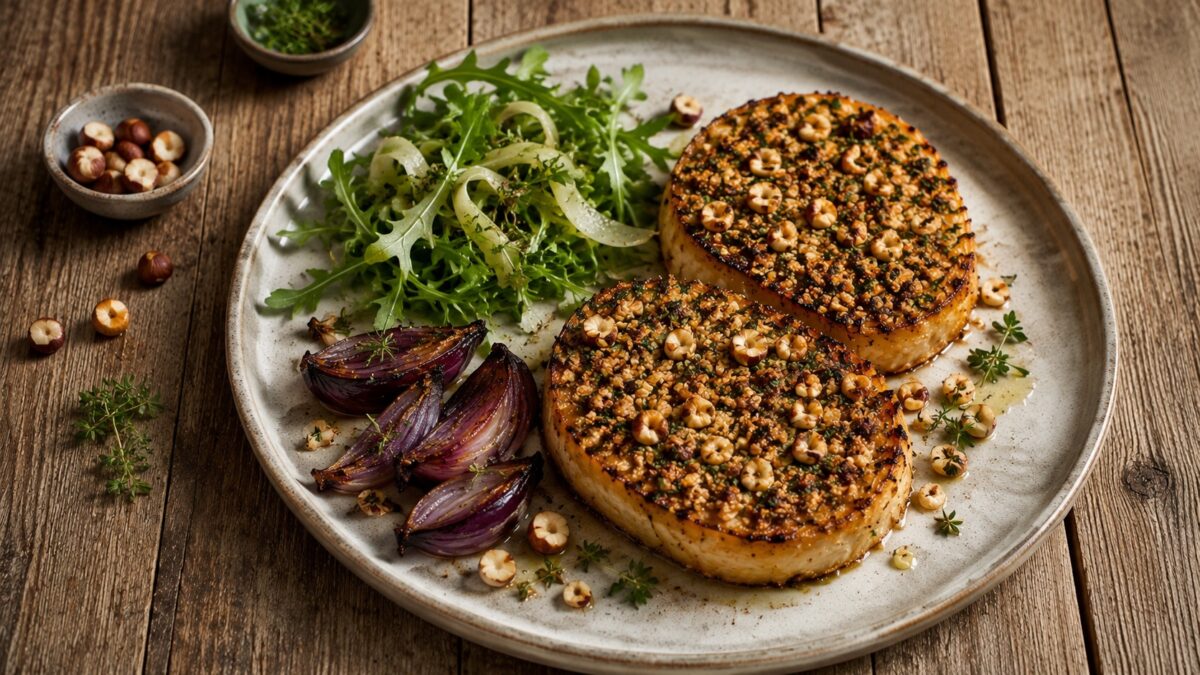 Nahe Servieransicht der fertigen Sellerie-Steaks mit knuspriger Haselnuss-Kräuter-Kruste.