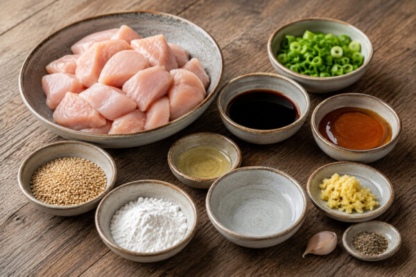 Zutaten- oder Vorbereitungsansicht mit Hähnchenbrust, Sesam, Frühlingszwiebeln, Öl, Honig, Sojasauce, frisch geriebenem Ingwer, Knoblauch, Speisestärke, Wasser und Pfeffer.