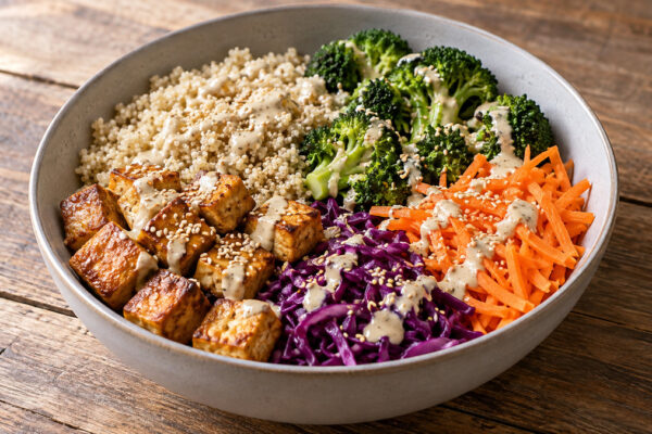 Sesam-Tofu-Bowl mit Quinoa und Brokkoli: Fertiges Gericht als zentrales Hauptmotiv.