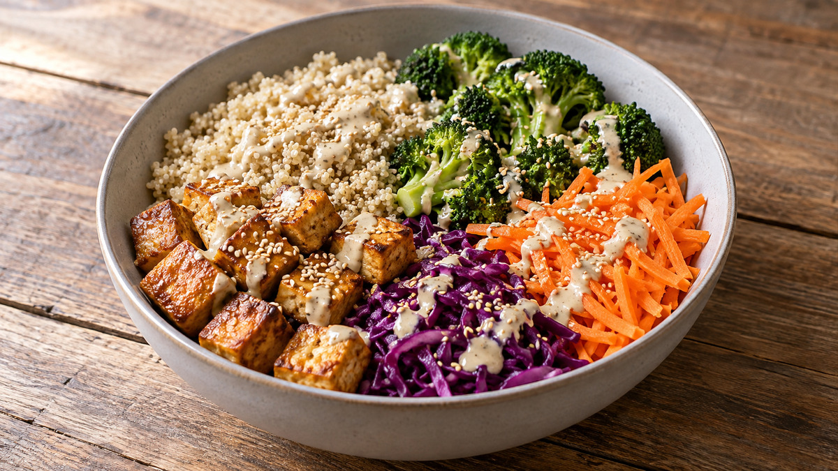 Sesam-Tofu-Bowl mit Quinoa und Brokkoli: Fertiges Gericht als zentrales Hauptmotiv.