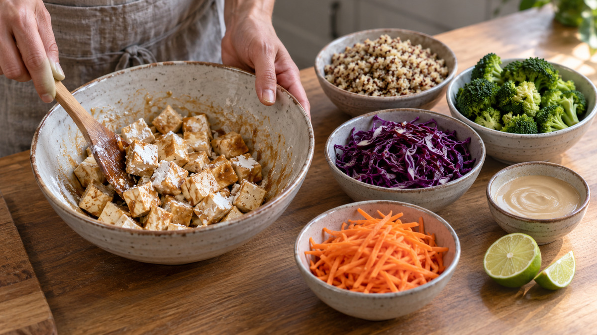 Sesam-Tofu-Bowl mit Quinoa und Brokkoli: Verwendete Zutaten und nachvollziehbare Vorbereitung.