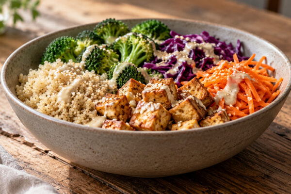 Sesam-Tofu-Bowl mit Quinoa und Brokkoli: Fertiges Gericht aus einer alternativen Perspektive.