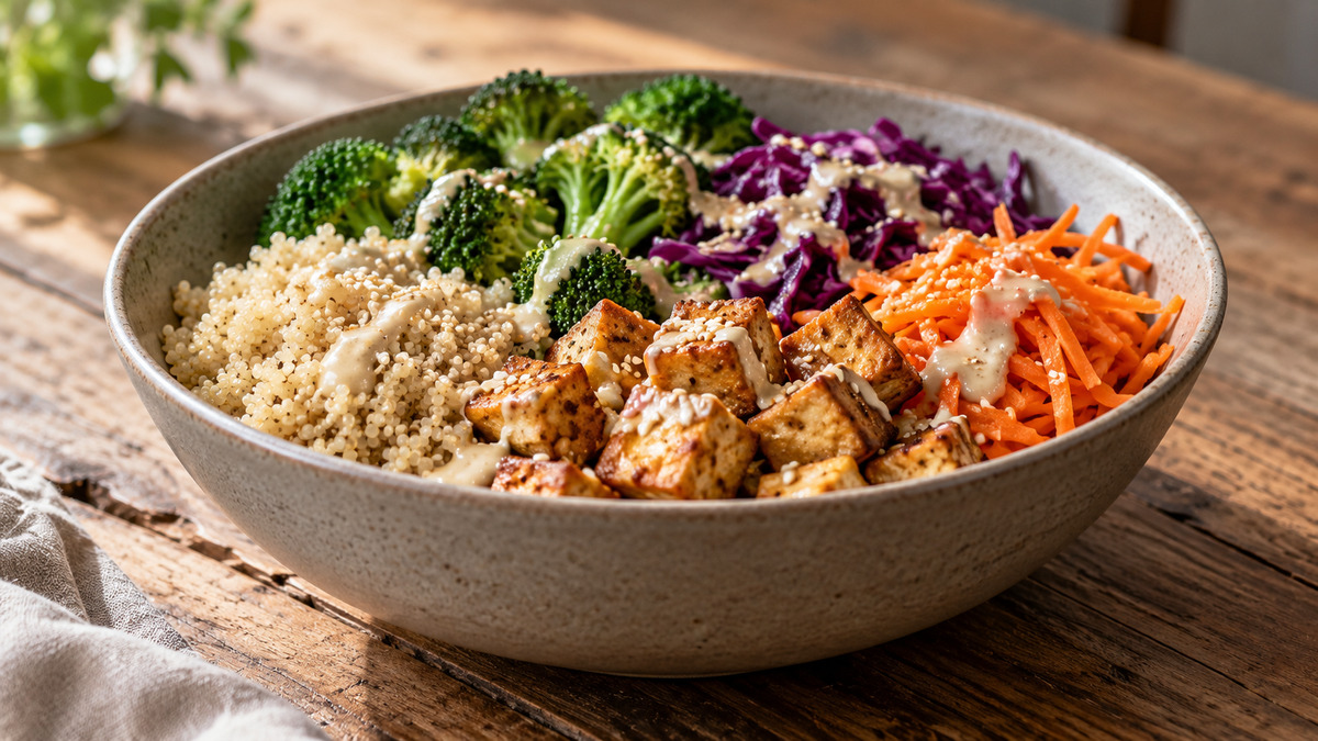 Sesam-Tofu-Bowl mit Quinoa und Brokkoli: Fertiges Gericht aus einer alternativen Perspektive.