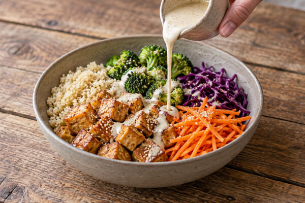 Sesam-Tofu-Bowl mit Quinoa und Brokkoli: Alternative Anrichtung oder aktive Servierszene.