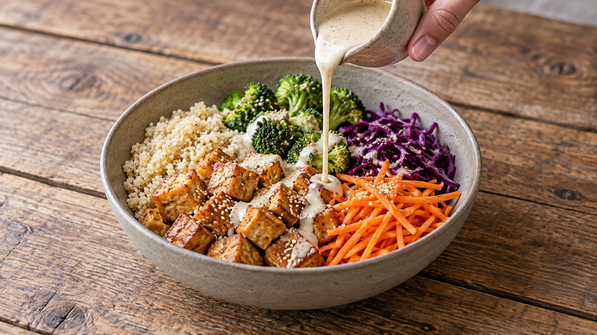 Sesam-Tofu-Bowl mit Quinoa und Brokkoli: Alternative Anrichtung oder aktive Servierszene.