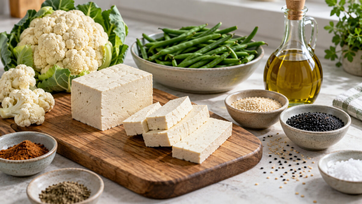 Sesam-Tofusteaks mit Blumenkohlpüree und grünen Bohnen