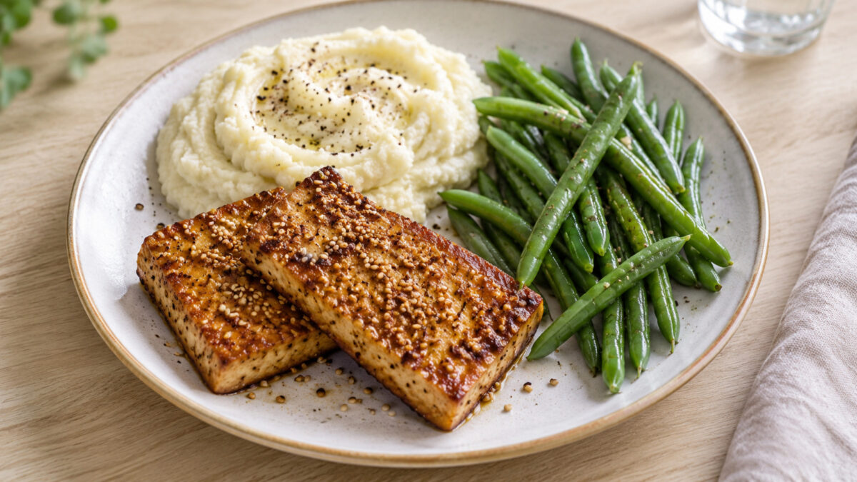 Sesam-Tofusteaks mit Blumenkohlpüree und grünen Bohnen