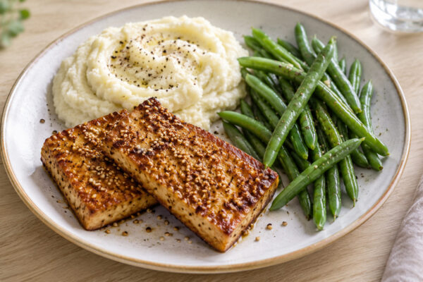 Sesam-Tofusteaks mit Blumenkohlpüree und grünen Bohnen