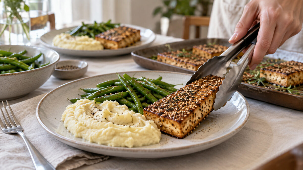 Sesam-Tofusteaks mit Blumenkohlpüree und grünen Bohnen