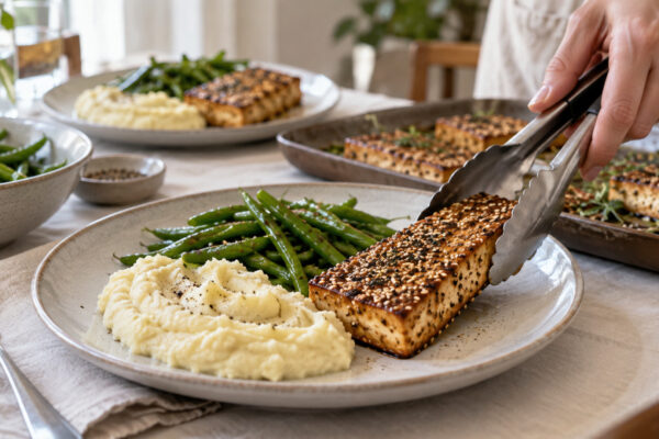 Sesam-Tofusteaks mit Blumenkohlpüree und grünen Bohnen