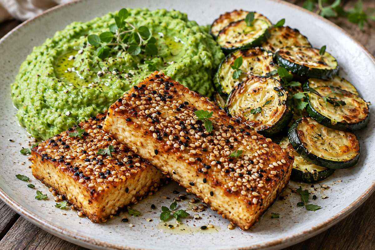 Sesam-Tofusteaks mit Brokkolicreme und Ofenzucchini