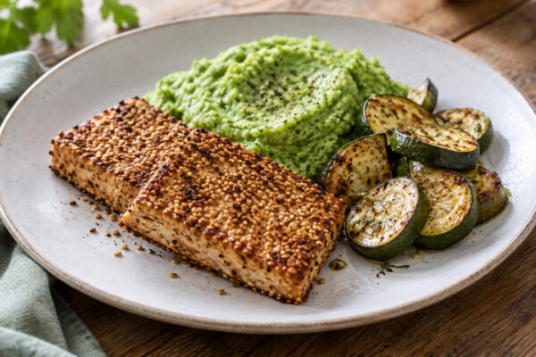 Sesam-Tofusteaks mit Brokkolicreme und Ofenzucchini