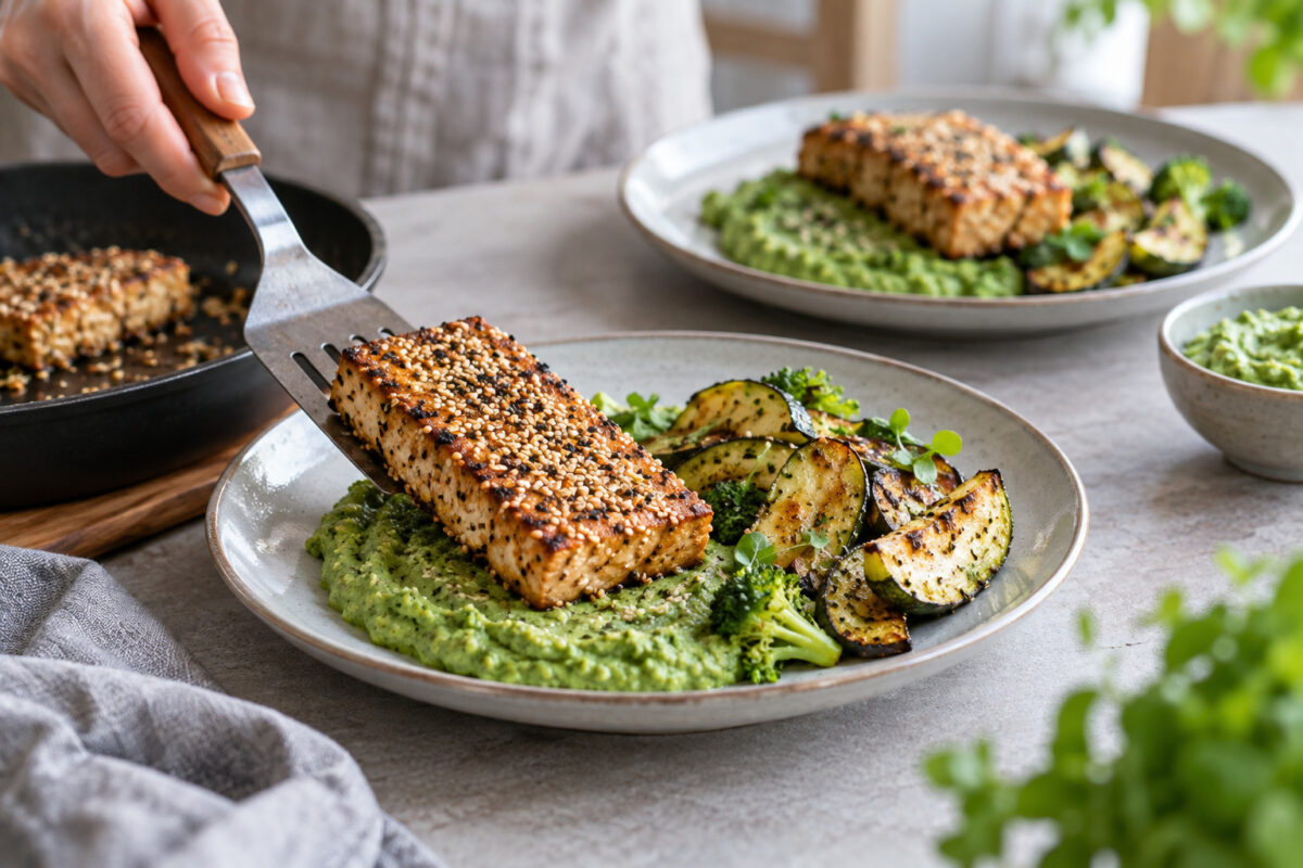 Sesam-Tofusteaks mit Brokkolicreme und Ofenzucchini