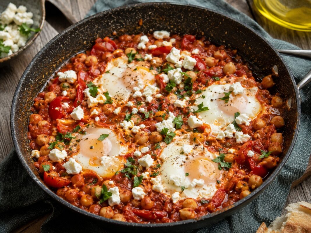 Schwarze Pfanne mit roter Tomatensauce, sichtbaren Kichererbsen, vier Eiern und zerbröseltem Feta.