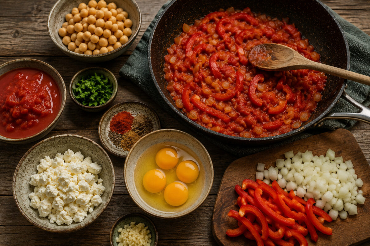 Zutaten- und Vorbereitungsansicht mit Tomaten-Paprika-Basis, Kichererbsen, Eiern, Feta, Zwiebel, Knoblauch, Petersilie und passenden Gewürzen auf rustikalem Holztisch.