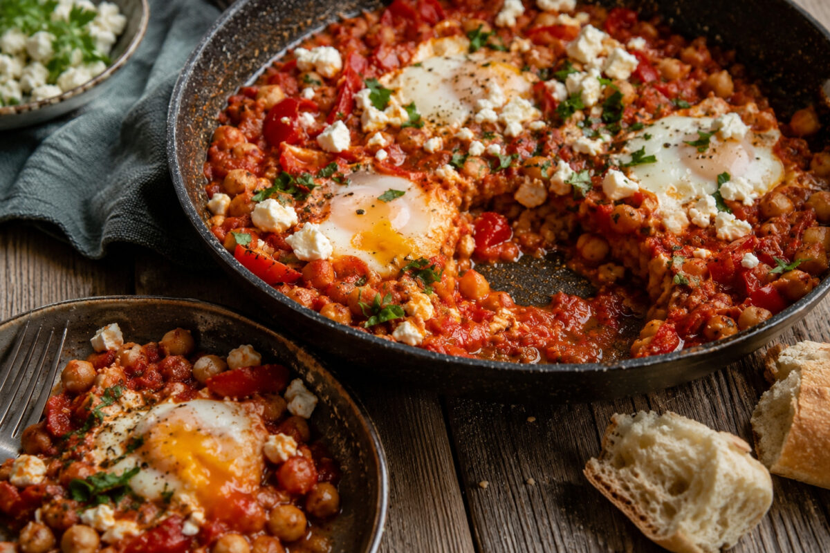 Fertige Shakshuka mit Kichererbsen, vier Eiern und zerbröseltem Feta in einer schwarzen Pfanne aus alternativer Perspektive.