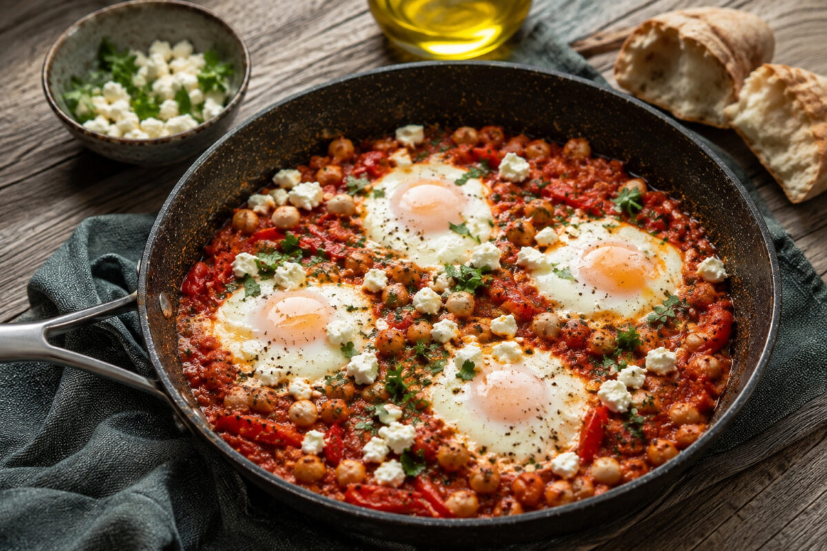 Servierszene der fertigen Shakshuka: eine Portion wird aus derselben Pfanne serviert; Tomatensauce, Kichererbsen, Ei und Feta bleiben klar erkennbar.