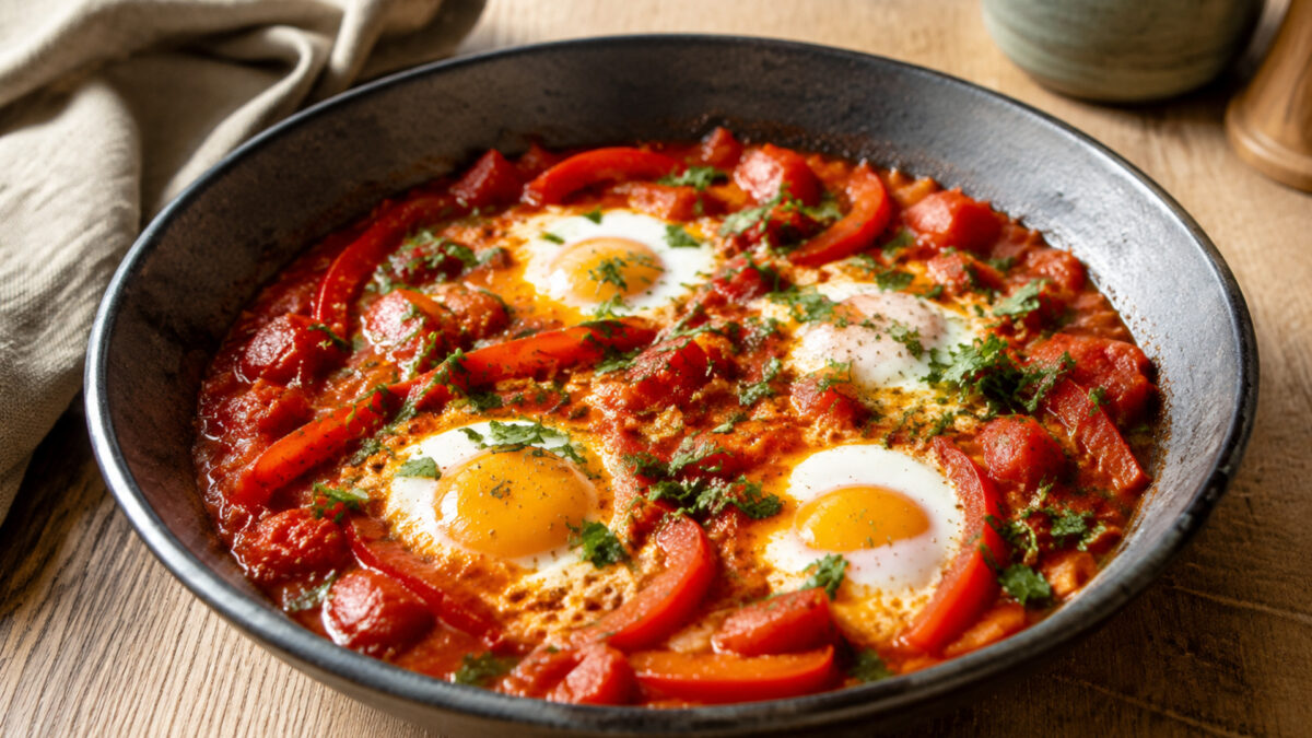 Hauptansicht des fertigen Gerichts. Rezept: Shakshuka mit Paprika und Kräutern