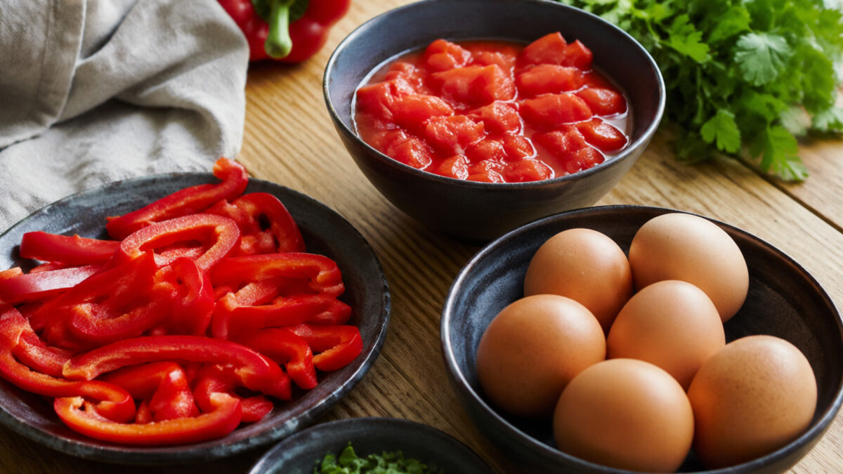 Zutaten- und Vorbereitungsansicht. Rezept: Shakshuka mit Paprika und Kräutern