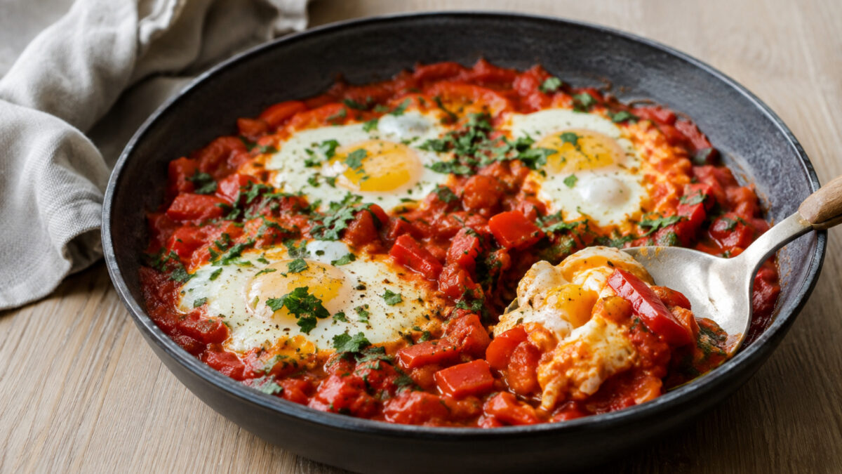 Servierszene mit dem fertigen Gericht. Rezept: Shakshuka mit Paprika und Kräutern