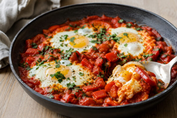 Servierszene mit dem fertigen Gericht. Rezept: Shakshuka mit Paprika und Kräutern
