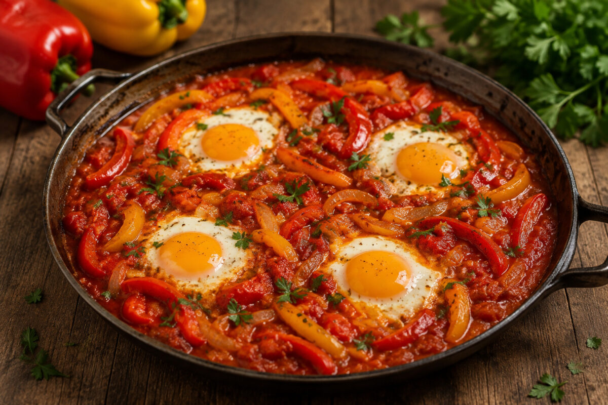 Fertige Shakshuka mit vier Eiern sowie deutlich sichtbaren roten und gelben Paprikastreifen in rustikaler Pfanne.