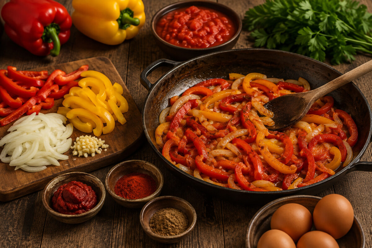 Zutaten- und Vorbereitungsansicht mit Paprika, Zwiebel, Knoblauch, Tomaten, Tomatenmark, Gewürzen, Eiern und angebratener Paprika-Zwiebel-Basis.