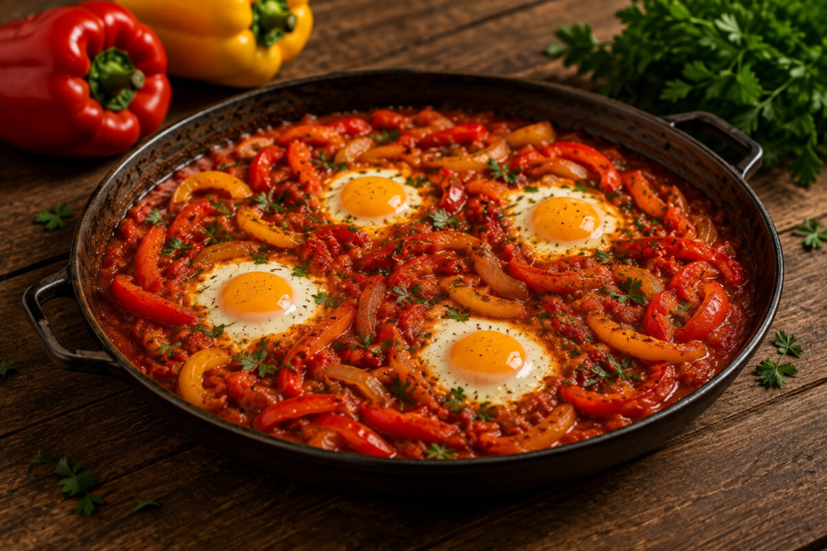 Fertige Shakshuka mit vier Eiern und Paprikastreifen aus deutlich anderer Perspektive als das Hauptbild.