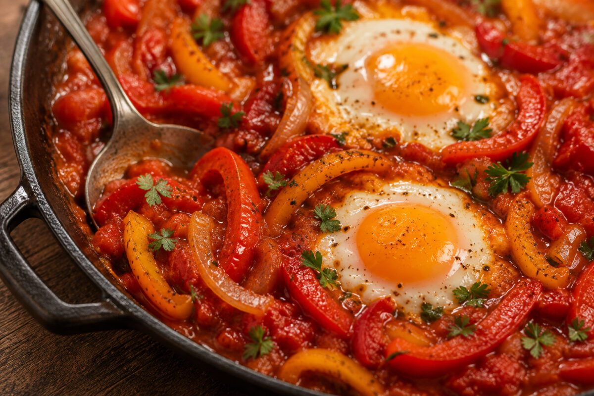Detail- und Servierszene der fertigen Shakshuka mit Eiern, Paprikastreifen, Tomatensauce und Servierlöffel.
