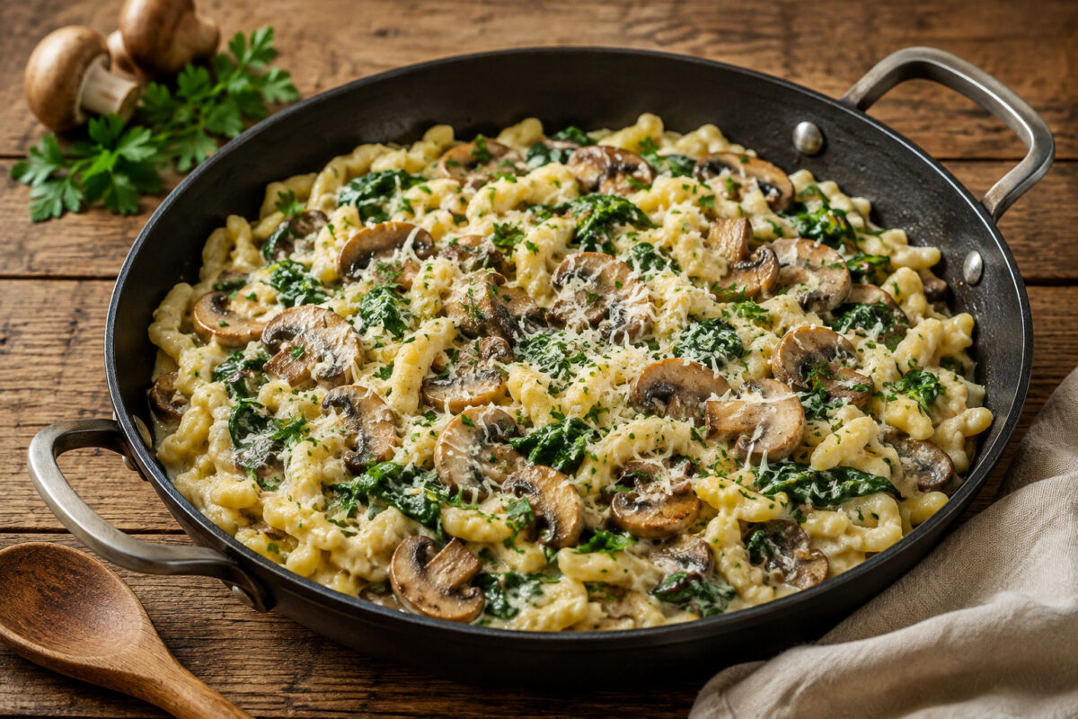 Fertige Spätzle-Pfanne mit Champignons und Spinat in cremiger Sauce, Hauptansicht in dunkler Pfanne.