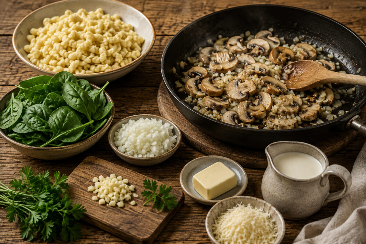 Zutaten- und Vorbereitungsansicht mit Spätzle, Champignons, Spinat, Zwiebel, Knoblauch, Sahne, Butter, Käse und Petersilie.