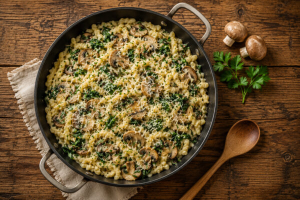 Fertige Spätzle-Pfanne mit Champignons und Spinat aus deutlich anderer, stärker von oben geführter Perspektive.